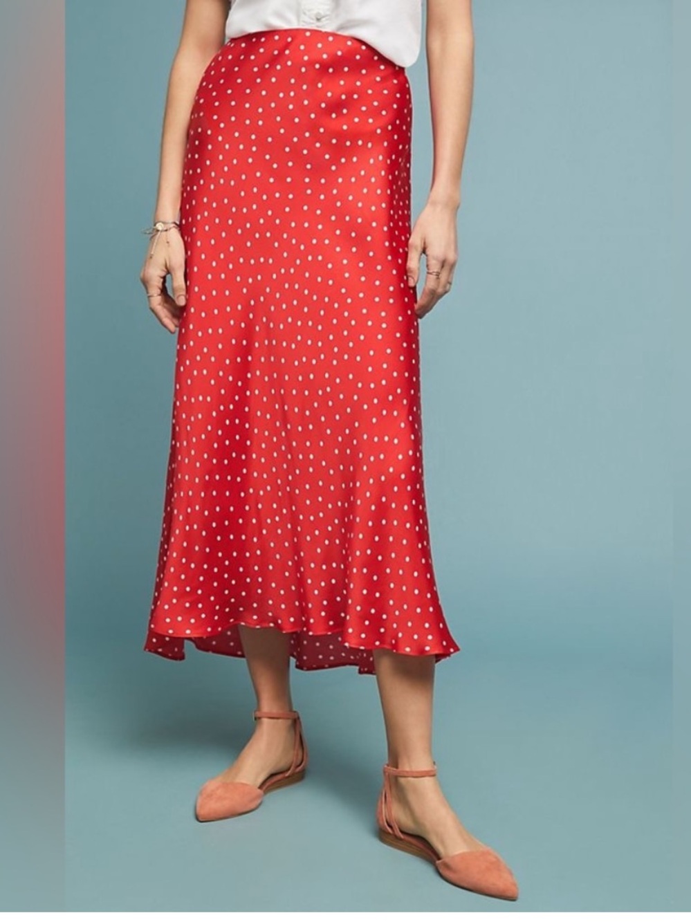Anthropologie Maeve Gemma Printed Red White Bias Cut Polka Dot Maxi Skirt XS